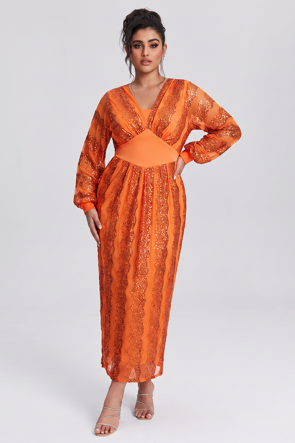 Curveins Plus Size V-Neck Sequin Balloon Sleeve Back-Slit Elegant Evening Maxi Dress