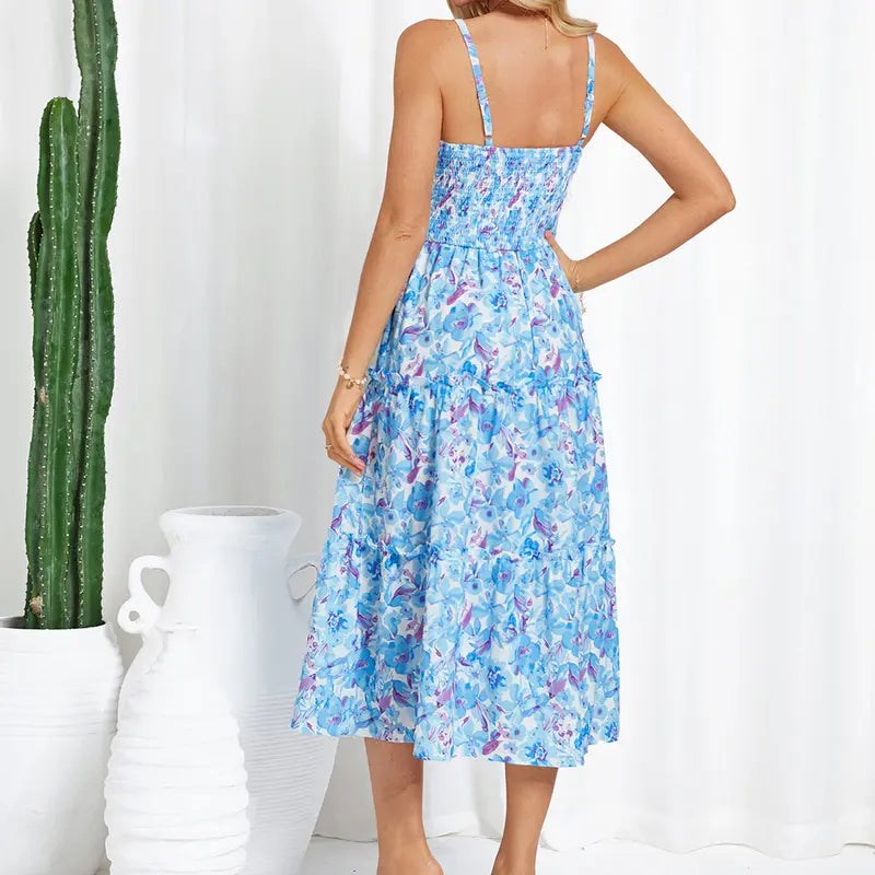 Women's Casual Bohemian Floral Maxi Sundress - Summer Spaghetti Strap Smocked Tiered Beach Dress with Pockets, Plus Size, Boho Clothes for Women