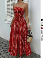 Women's Elegant Fashion Polka Dot Strapless Dress, Stylish Sleeveless Maxi Dress for Parties and Casual Wear Womenswear, Elegant Evening Dress