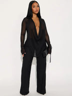 Women's Deep V Neck Blouse Set, Long Sleeve Crop Top & High Waisted Pants, Sexy Plain Design, Fall Winter Fashion