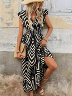 Women's Spring Summer Fashion Casual Floral V Neck Ruffle Waist Slim Bohemian Boho Style Dress, Long Cap Sleeve Fitted Wrap Dress for Vacation