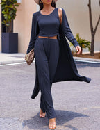 Women's 3 Piece Lounge Set Pajama Long Sleeve Cardigan Sleeveless Top Pants Sweatsuit