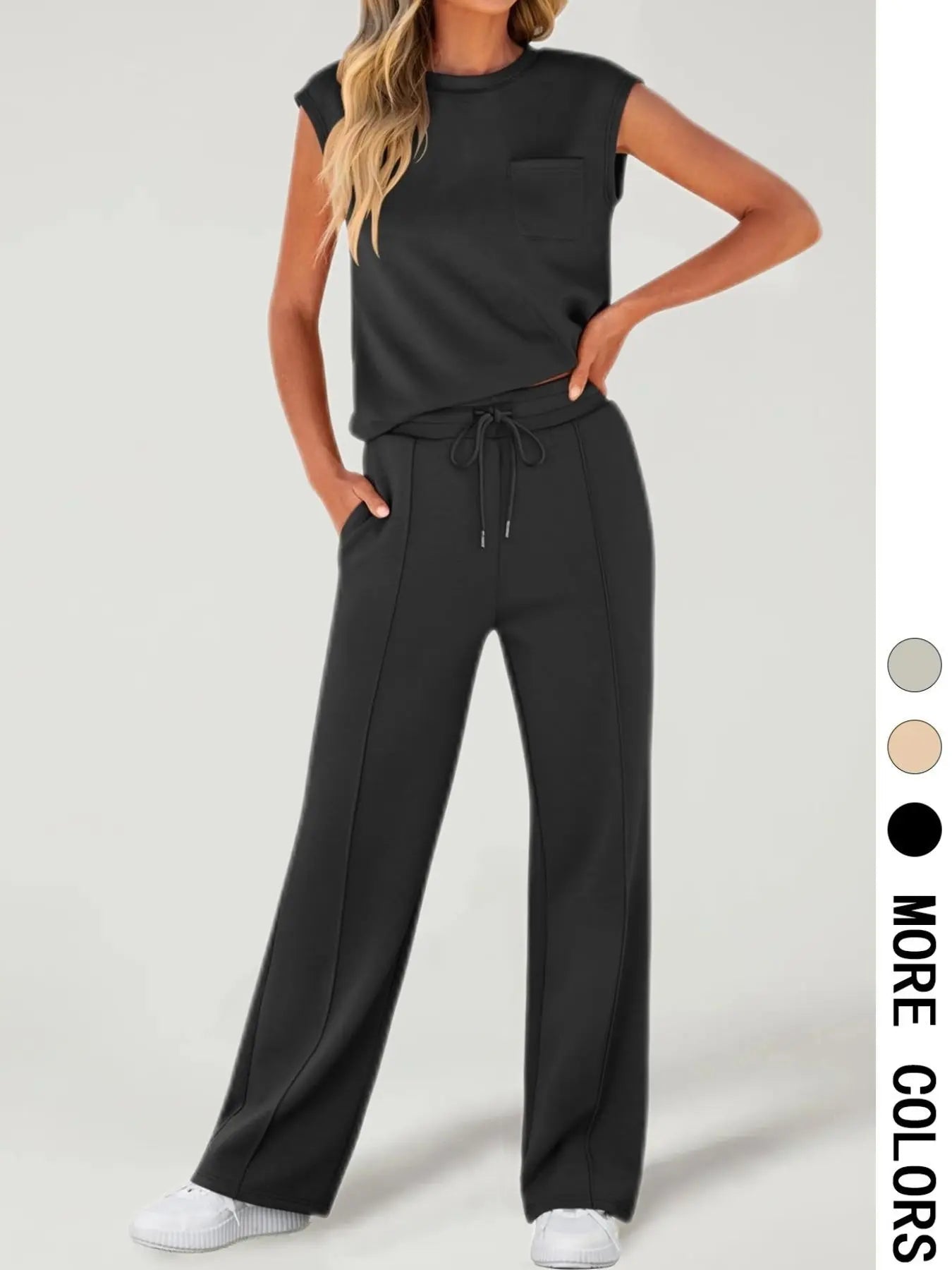 Women's Solid Tank Top & Drawstring Waist Pants Two-piece Set, Casual Sleeveless Round Neck Top & Trousers for Daily Wear, Ladies Two-piece Outfits for All Seasons