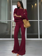 Women's Solid Asymmetrical Neck Top & Flare Leg Pants Set, Casual Drop Shoulder Long Sleeve Top & Trousers, Women's Fall & Winter Clothes for Daily Wear