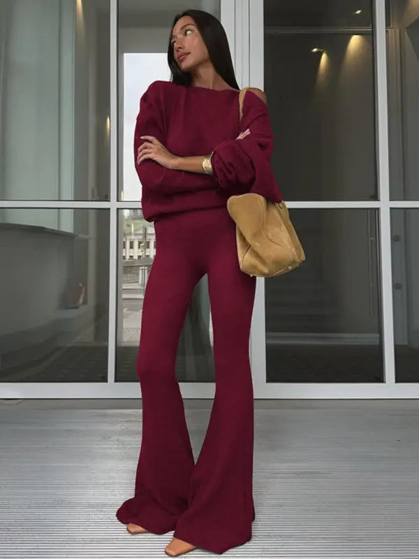 Women's Solid Asymmetrical Neck Top & Flare Leg Pants Set, Casual Drop Shoulder Long Sleeve Top & Trousers, Women's Fall & Winter Clothes for Daily Wear
