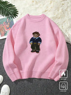 Unisex Cartoon Bear Print Crew Neck Sweater, Casual Loose Long Sleeve Jumper for Fall & Winter, Fashion Ladies' Knitwear for Daily Wear