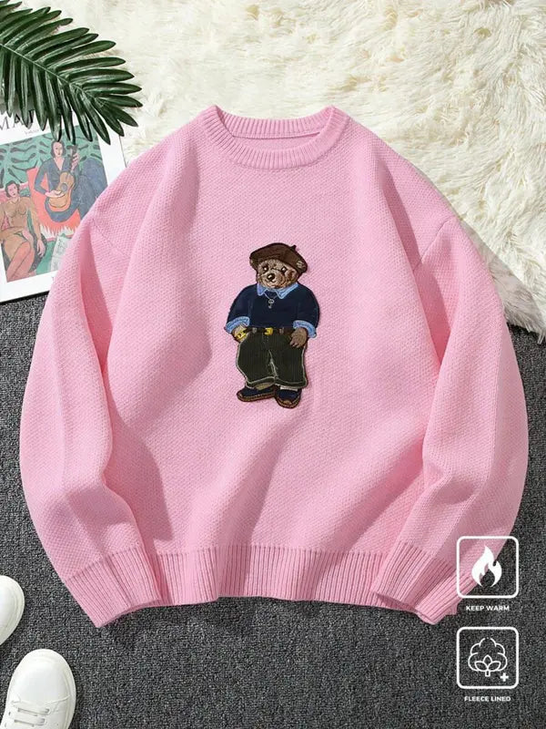 Unisex Cartoon Bear Print Crew Neck Sweater, Casual Loose Long Sleeve Jumper for Fall & Winter, Fashion Ladies' Knitwear for Daily Wear