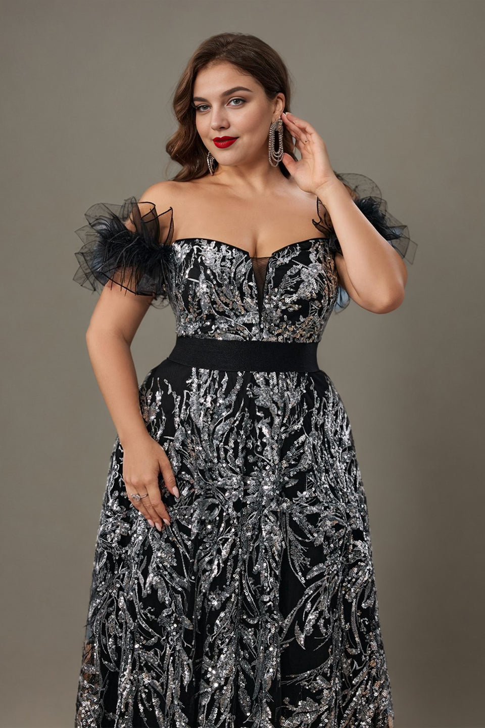 Curveins Plus Size Off Shoulder Sequin Pattern Cinched Waist Maxi Dress