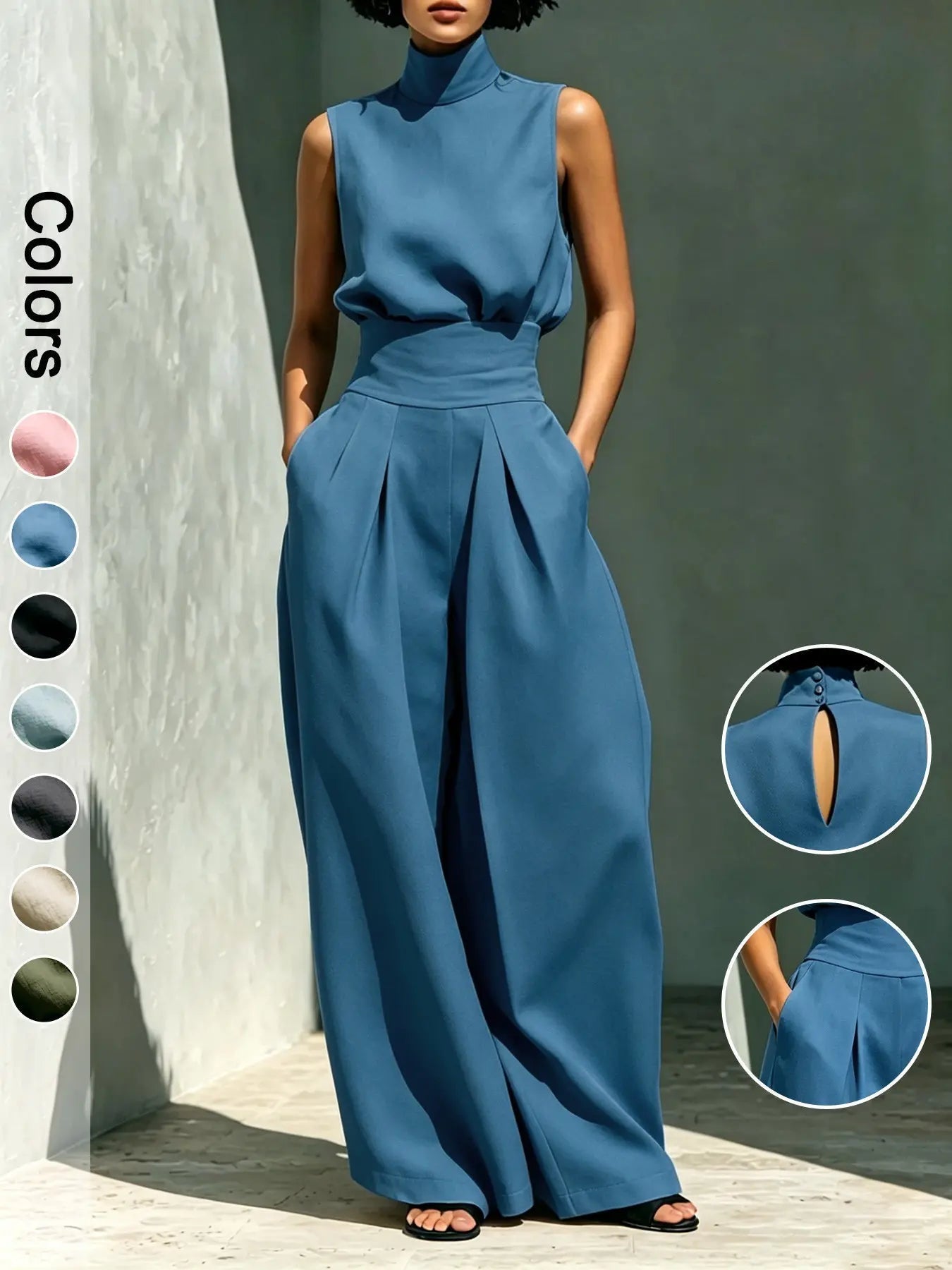 Women's Two-Piece Set High Neck Sleeveless Top and Long Pants, Elegant Style High Waist Wide Leg Pants Set, Fashionable Ladies