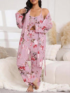 [Plus Size] Three-Piece Set Floral Print Belted Lounge Robe & Cami Top & Elastic Waist Pants Pyjama Set