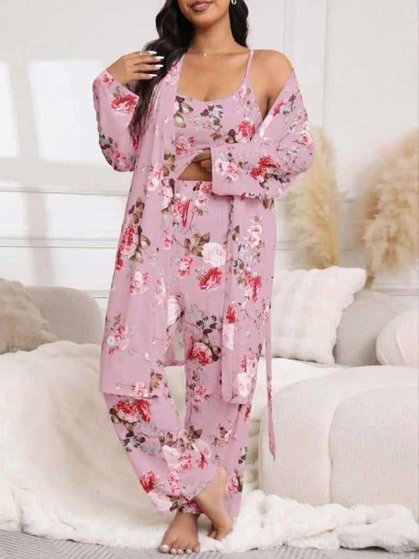 [Plus Size] Three-Piece Set Floral Print Belted Lounge Robe & Cami Top & Elastic Waist Pants Pyjama Set
