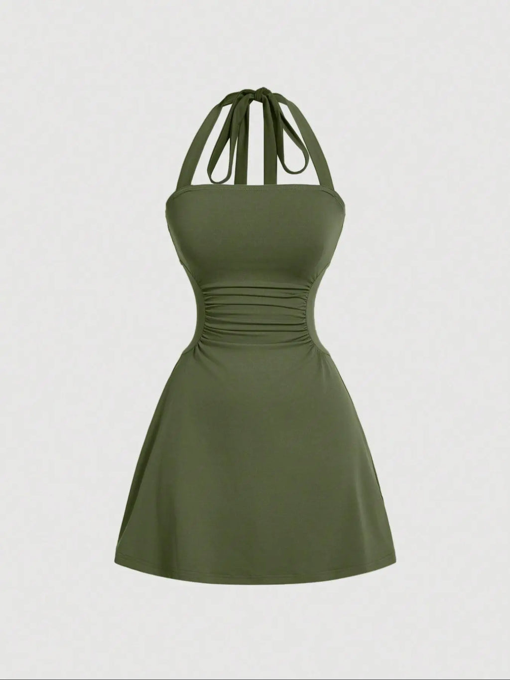 Women's Plain Ruched Tie Back Halter Neck Dress