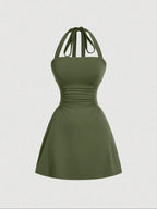 Women's Plain Ruched Tie Back Halter Neck Dress
