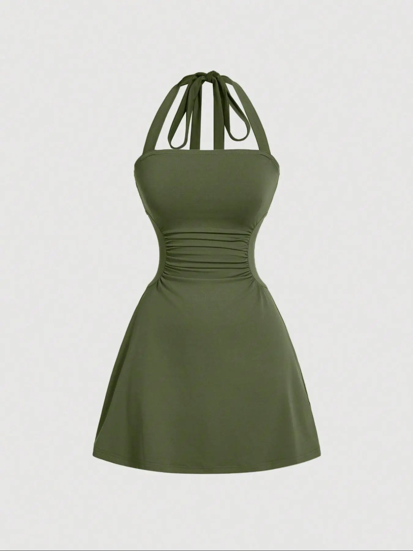 Women's Plain Ruched Tie Back Halter Neck Dress