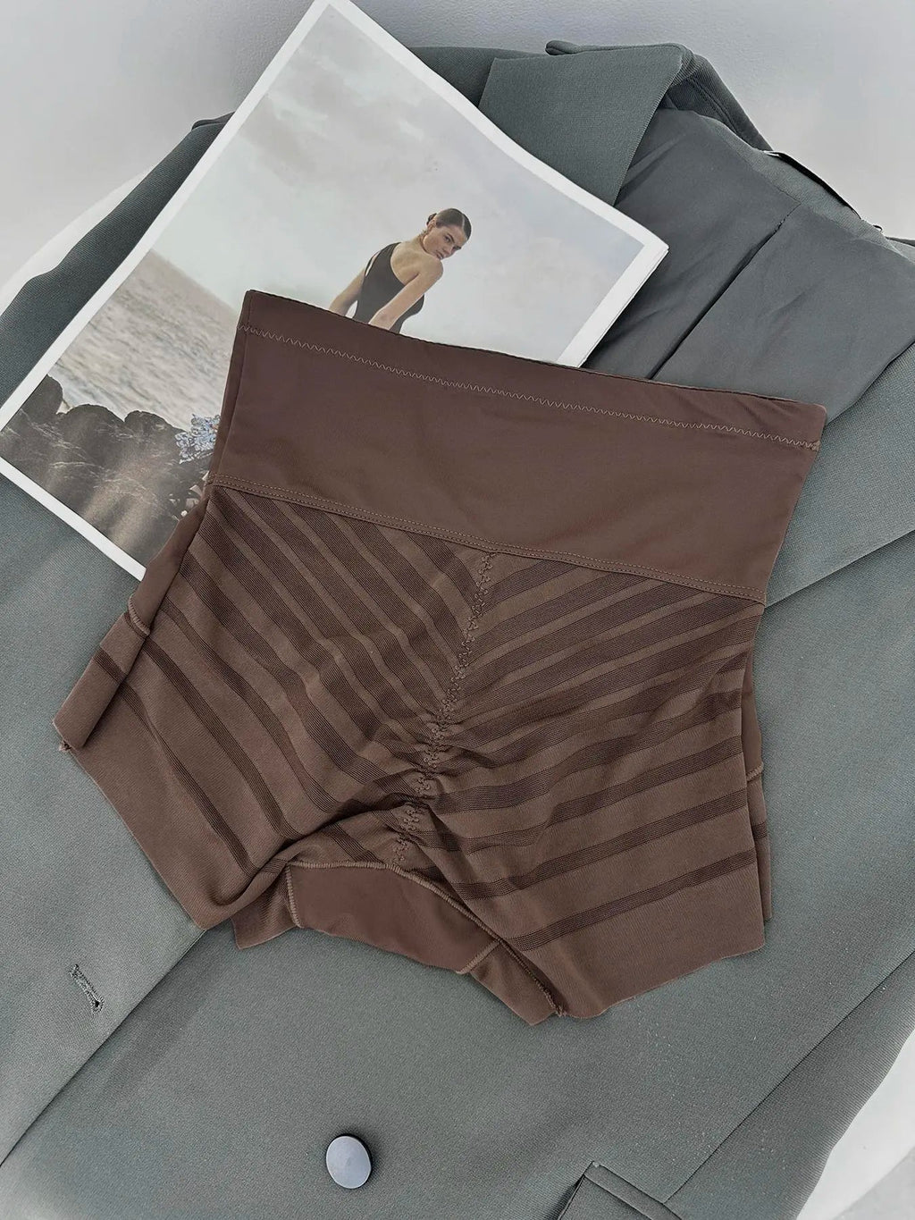 Women's High-Waisted Shapewear Panties, Layered Slimming Underwear, Striped Mesh Design, Breathable Sweat-Proof, Plus Size, All Seasons