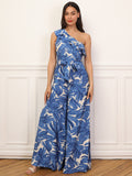 Asymmetric tropical print jumpsuit