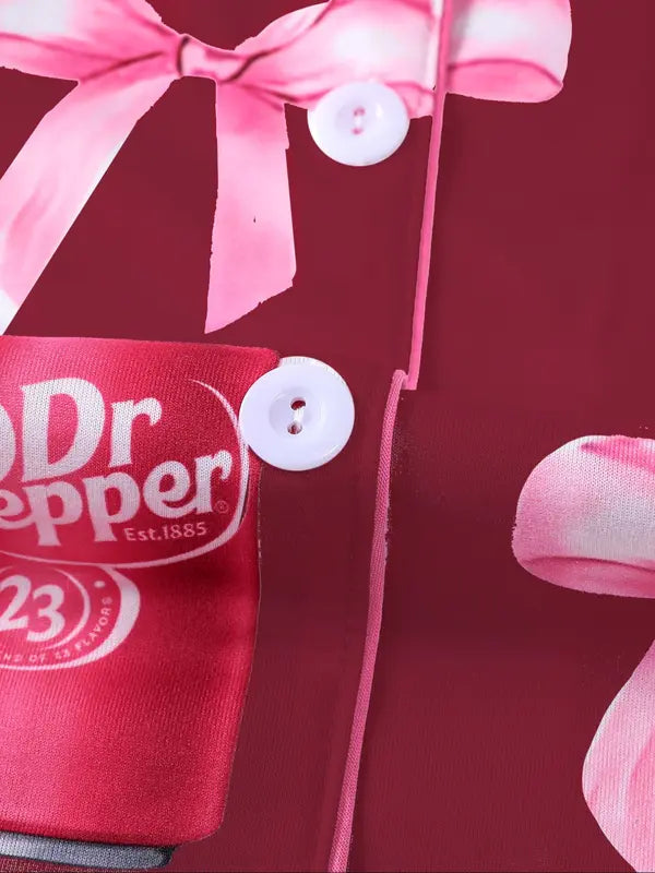 Women's Dr Pepper Pajama Set, Long Sleeve Soda Print Sleepwear, Cozy Soft Fabric Loungewear Gift for Fall and Winter