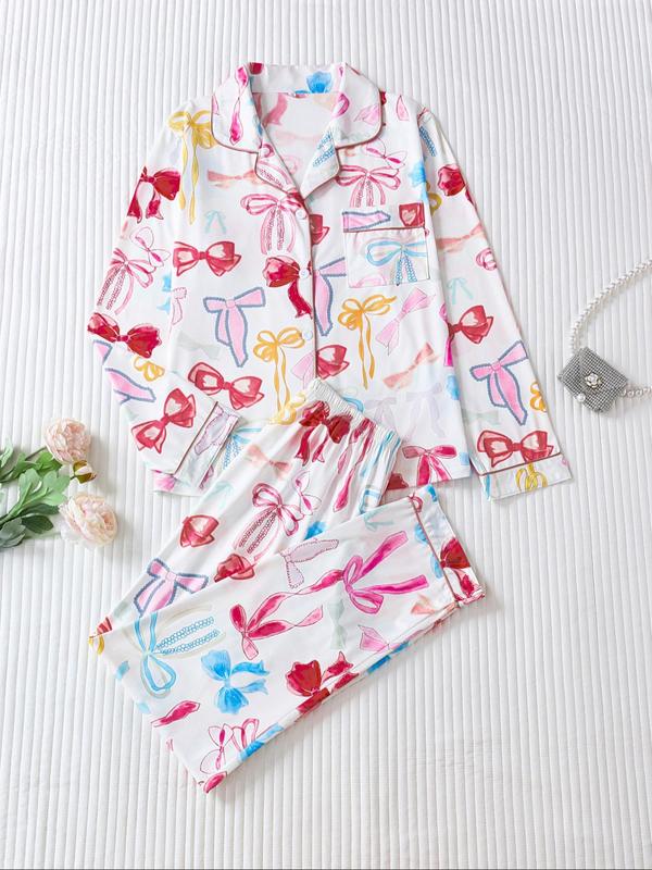 Two-piece Set Women's Bow Print Button Front Pocket Shirt & Elastic Waist Pants Pajama, Casual Comfy Long Sleeve Lapel Neck Top & Trousers Pj Set