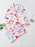 Two-piece Set Women's Bow Print Button Front Pocket Shirt & Elastic Waist Pants Pajama, Casual Comfy Long Sleeve Lapel Neck Top & Trousers Pj Set