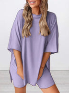 Women's Solid Color T-Shirt and Tight Shorts Set, Casual Summer Comfort Round Neck Sleepwear, Pocket Design, Outdoor Wear