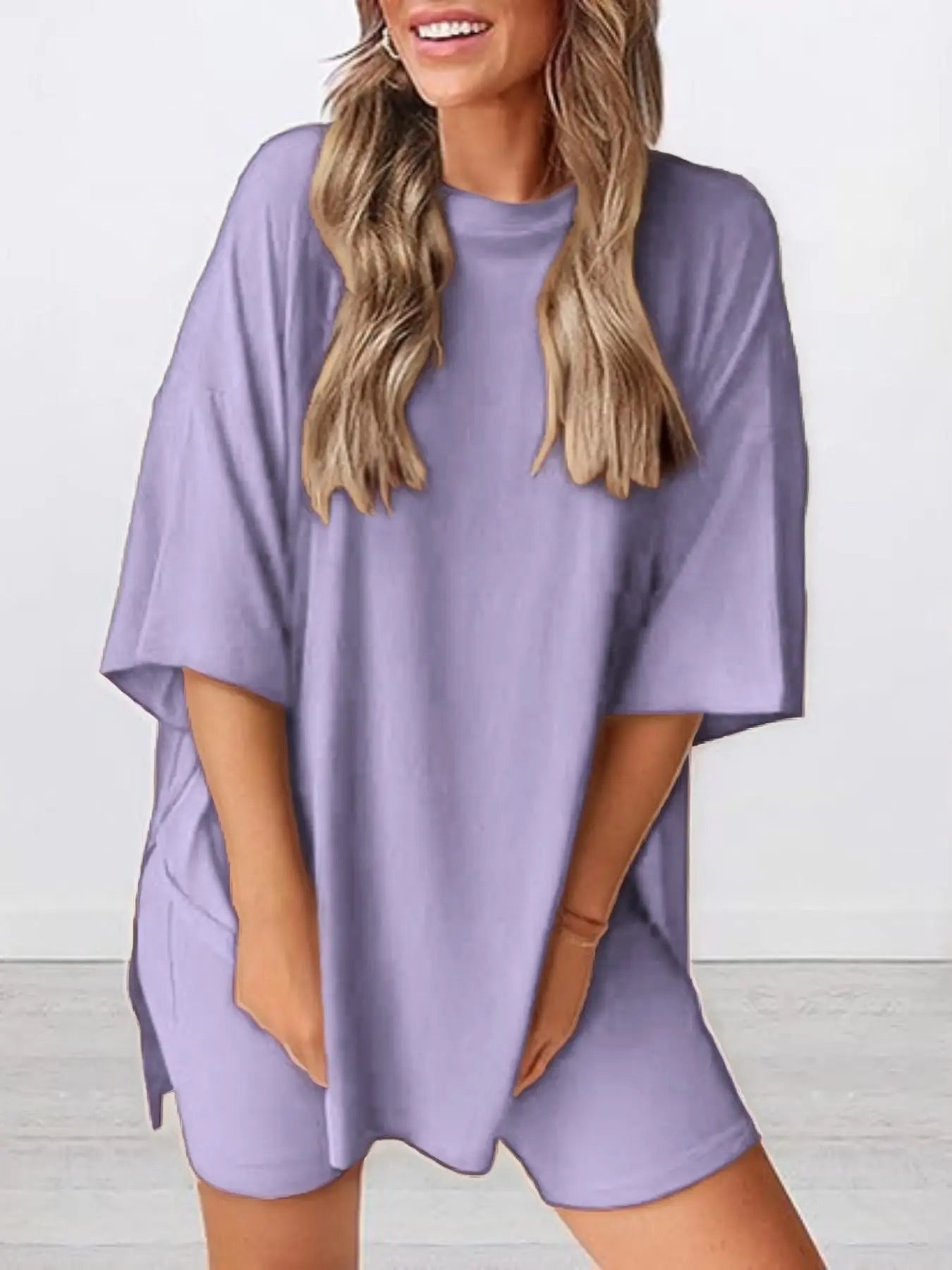 Women's Solid Color T-Shirt and Tight Shorts Set, Casual Summer Comfort Round Neck Sleepwear, Pocket Design, Outdoor Wear