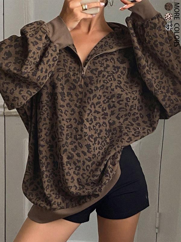 Women Casual Zip Up Front Long Sleeve Leopard Print Sweatshirt,Fall Clothes