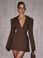 Women's Elegant Business Suit Dress, Deep V Neck Long Sleeve Ruffle Waist Cinched, Spring & Fall Office Wear, Plain Style