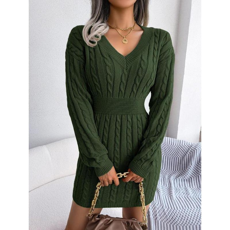 Women's Cozy V-Neck Cable Knit Sweater Dress – Soft Textured Drop Shoulder Long Sleeve Dress for Fall & Winter