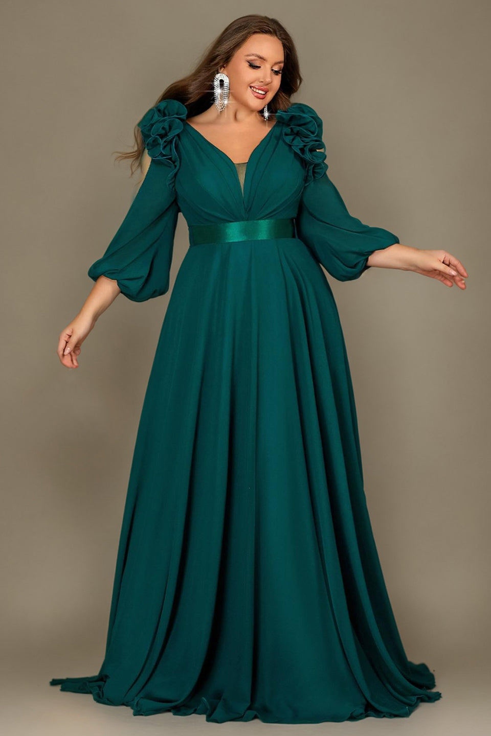 Curveins Plus Size Elegant V-Neck Batwing Sleeve Waist-Hugging Long Dress