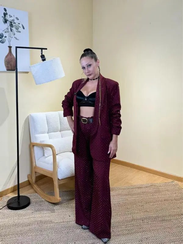 Complete Jacket and Trousers Set with Micro Sequins, 2-piece set with belt, Women's One Size, Elegant and Versatile