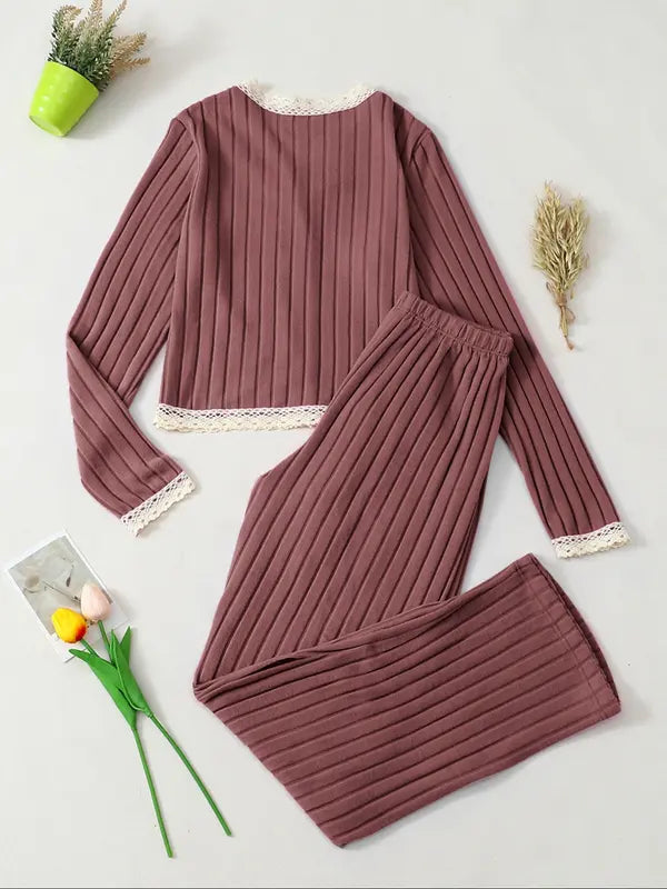 Women's V Neck Long Sleeve Pajama Set, Casual Fitted Sleepwear for All Seasons, Elegant Home Wear, 2pcs New Arrival