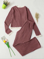 Women's V Neck Long Sleeve Pajama Set, Casual Fitted Sleepwear for All Seasons, Elegant Home Wear, 2pcs New Arrival