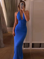 Women's Solid Backless Halter Neck Bodycon Dress