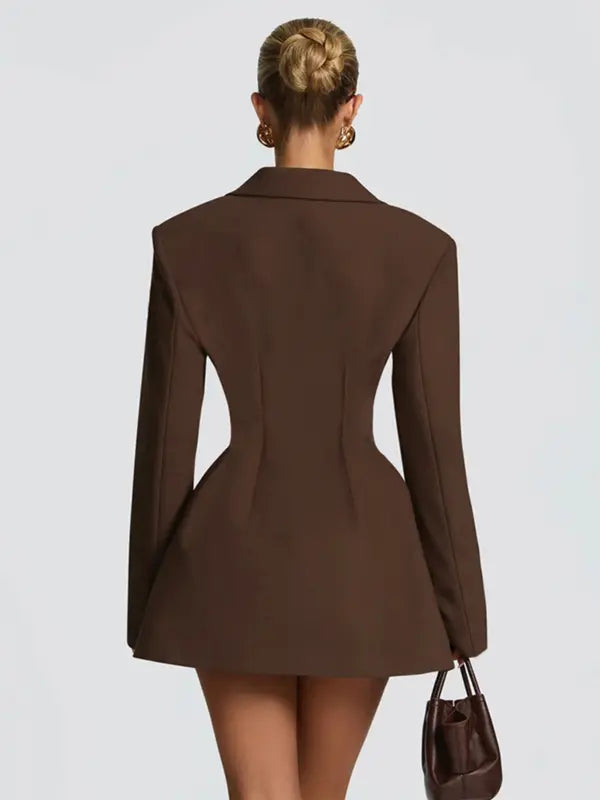 Women's Elegant Business Suit Dress, Deep V Neck Long Sleeve Ruffle Waist Cinched, Spring & Fall Office Wear, Plain Style