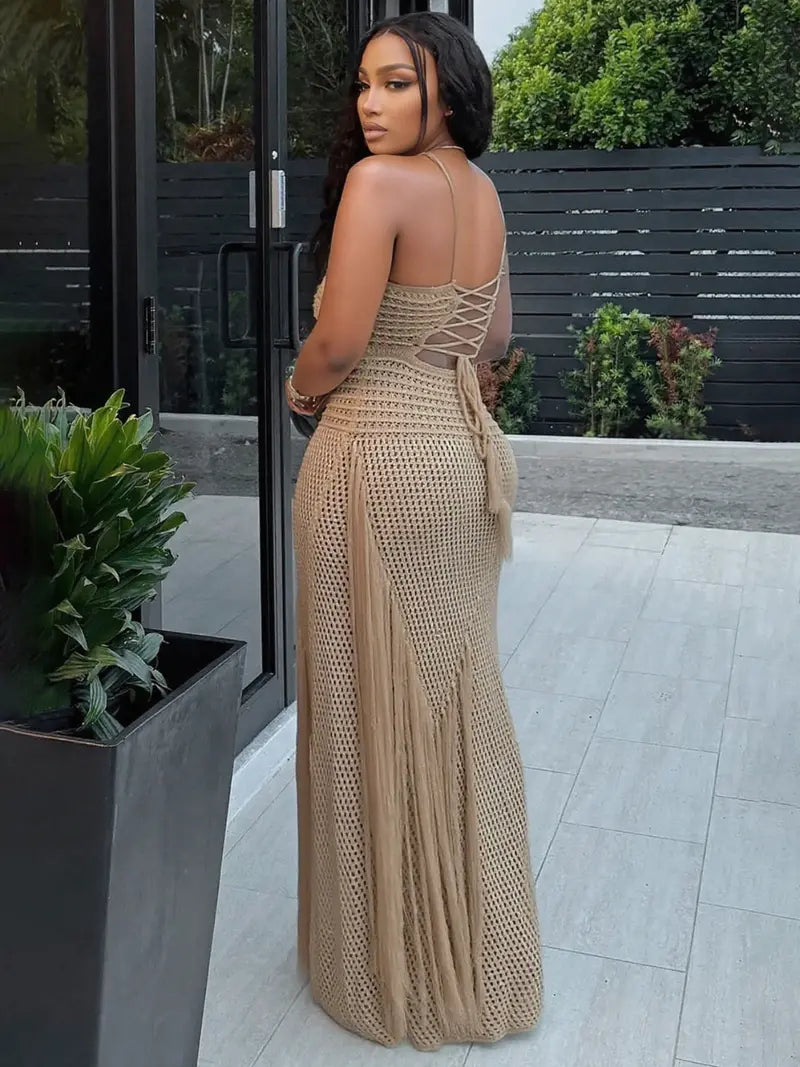 Women's crochet knit maxi dress with fringe, sexy cutout, open back, bohemian style; perfect for beach parties, summer vacations, and resort wear.
