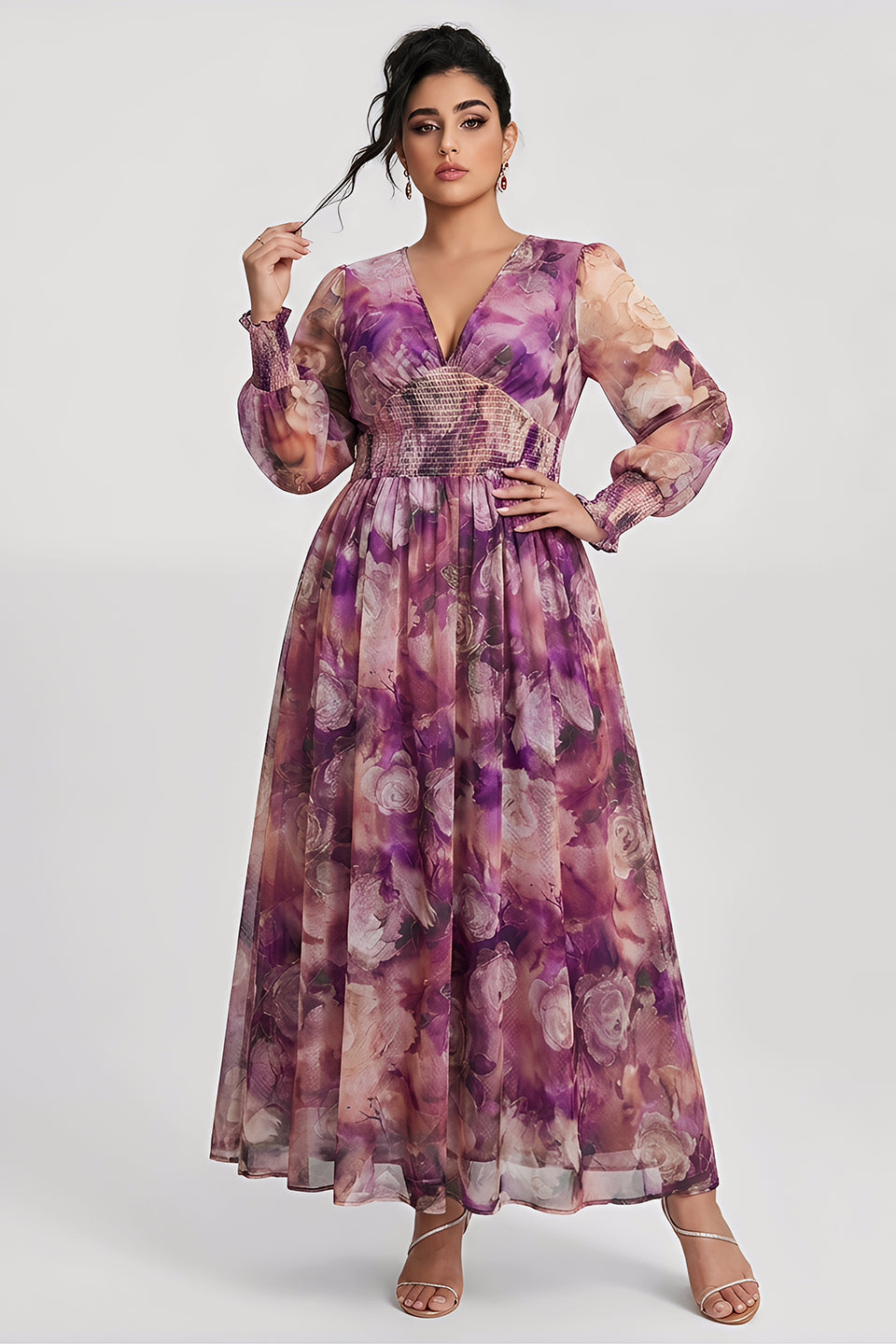 Curveins Plus Size V Neck Long Sleeve Floral Waist Maxi Dress