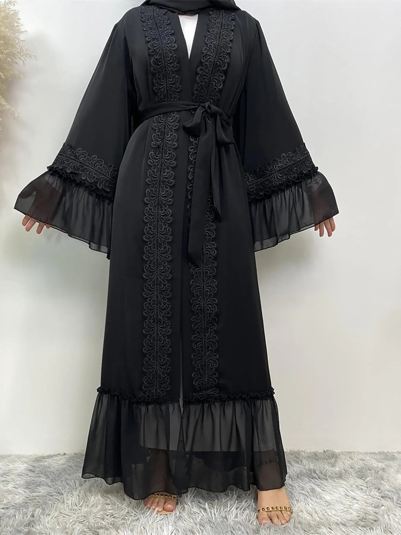 Arabic Clothing- Contrast Lace Belted Abaya without Hijabs, Summer Outfits, Arabic Fashion Long Sleeve Flounce Sleeve Dress, Modest Abaya Clothing for Women, Islamic Abaya
