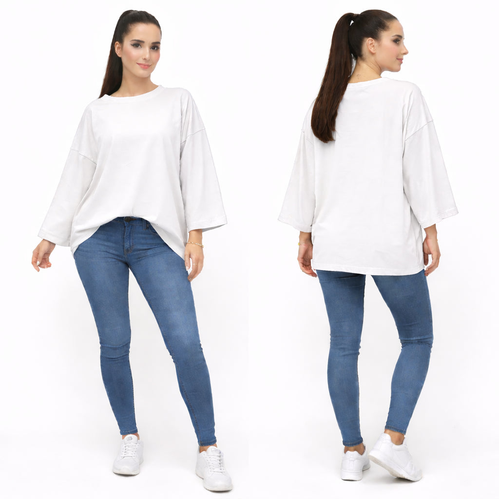 T-shirt uni oversize femme manches longues 100% coton – coupe ample, basique tendance