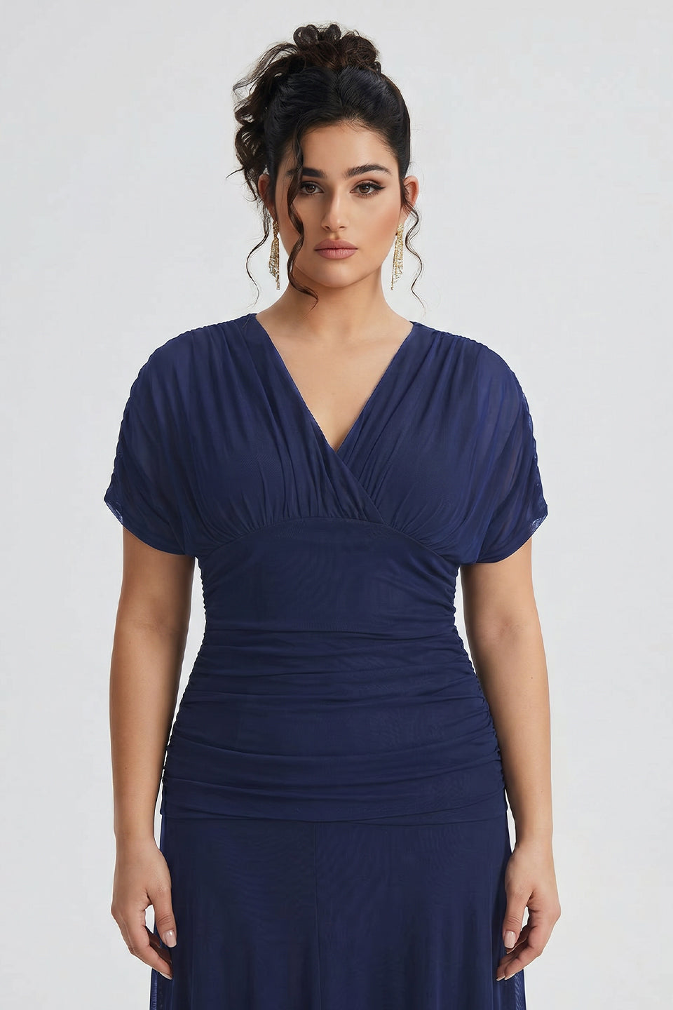 Curveins Plus Size V Neck Batwing Sleeve Cinched Waist Maxi Dress