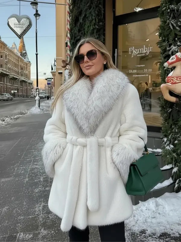 Women's Winter Fashion Faux Fur Coat, Vintage Loose Fit Long Sleeve Jacket, Large Fur Collar, Daily Wear Outerwear