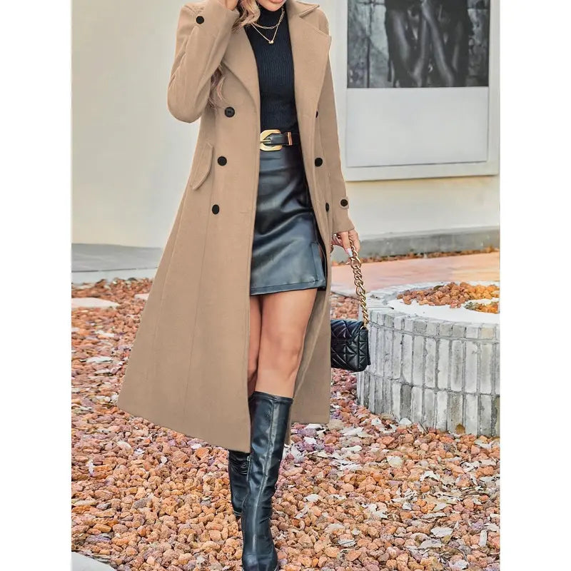 Women Winter Wool Blend Mid-Long Coat Notch Double-Breasted Lapel Jacket Outwear, Women's Solid Double Button Lapel Woolen Coat, Elegant Long Sleeve Long Coat for Women Outerwear Grey