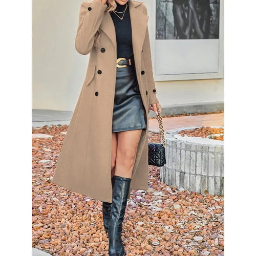 Women Winter Wool Blend Mid-Long Coat Notch Double-Breasted Lapel Jacket Outwear, Women's Solid Double Button Lapel Woolen Coat, Elegant Long Sleeve Long Coat for Women Outerwear Grey