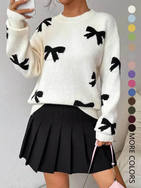 Fashion Bow Print Casual Basic Loose Knitted Sweater Pullover Autumn/Winter Women Pullovers New O-Neck Full Sleeve Knit Sweater