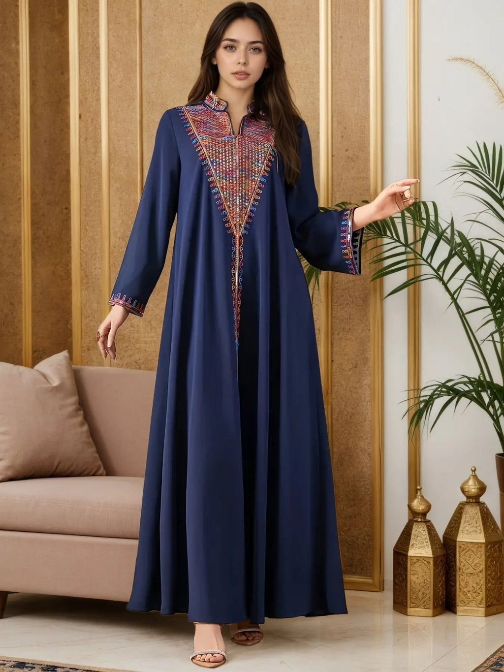 Elegant Muslim Women's Long Robe with Colorful Embroidery, Perfect for All Seasons, Stylish and Comfortable Clothing, Muslim Women Gowns