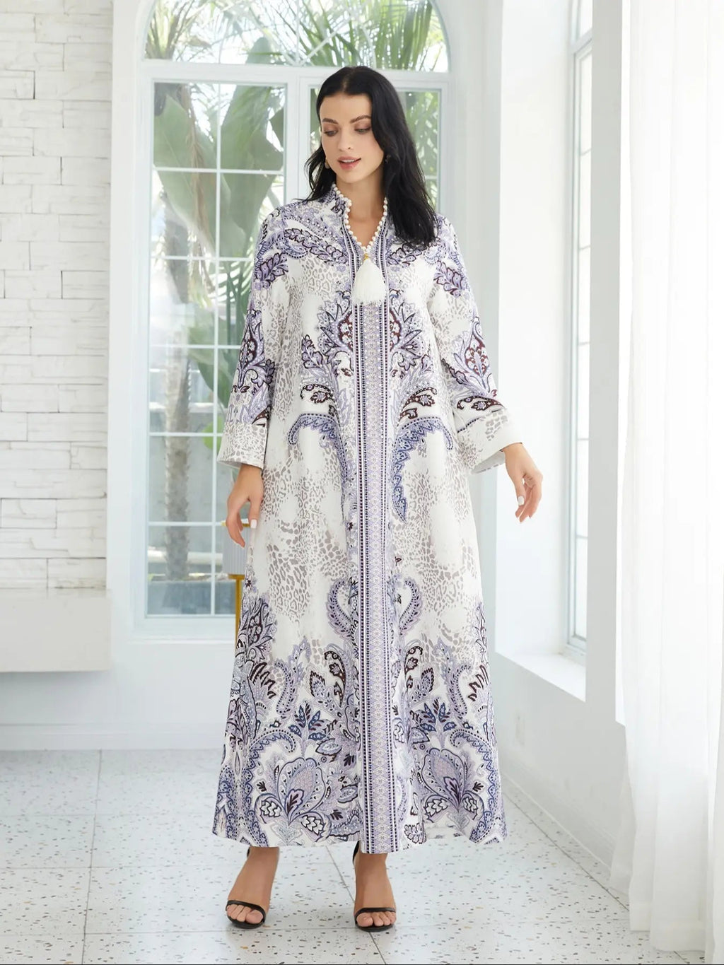 Women's V Neck Long Dress, All-Season Loose Fit A-Line Jalabiya, Soft 75D Stretch Fabric, Elegant Arabic Clothing