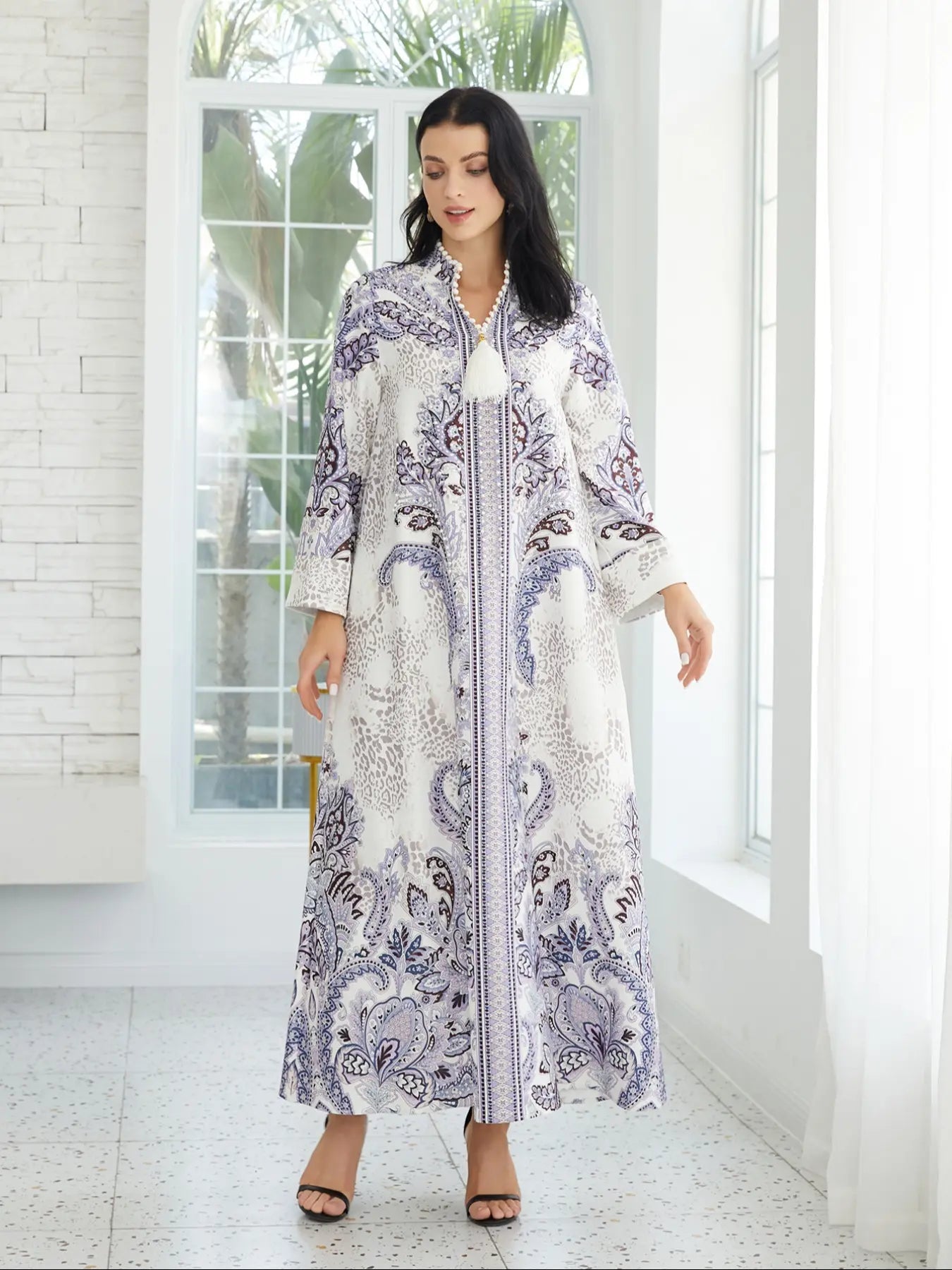 Women's V Neck Long Dress, All-Season Loose Fit A-Line Jalabiya, Soft 75D Stretch Fabric, Elegant Arabic Clothing