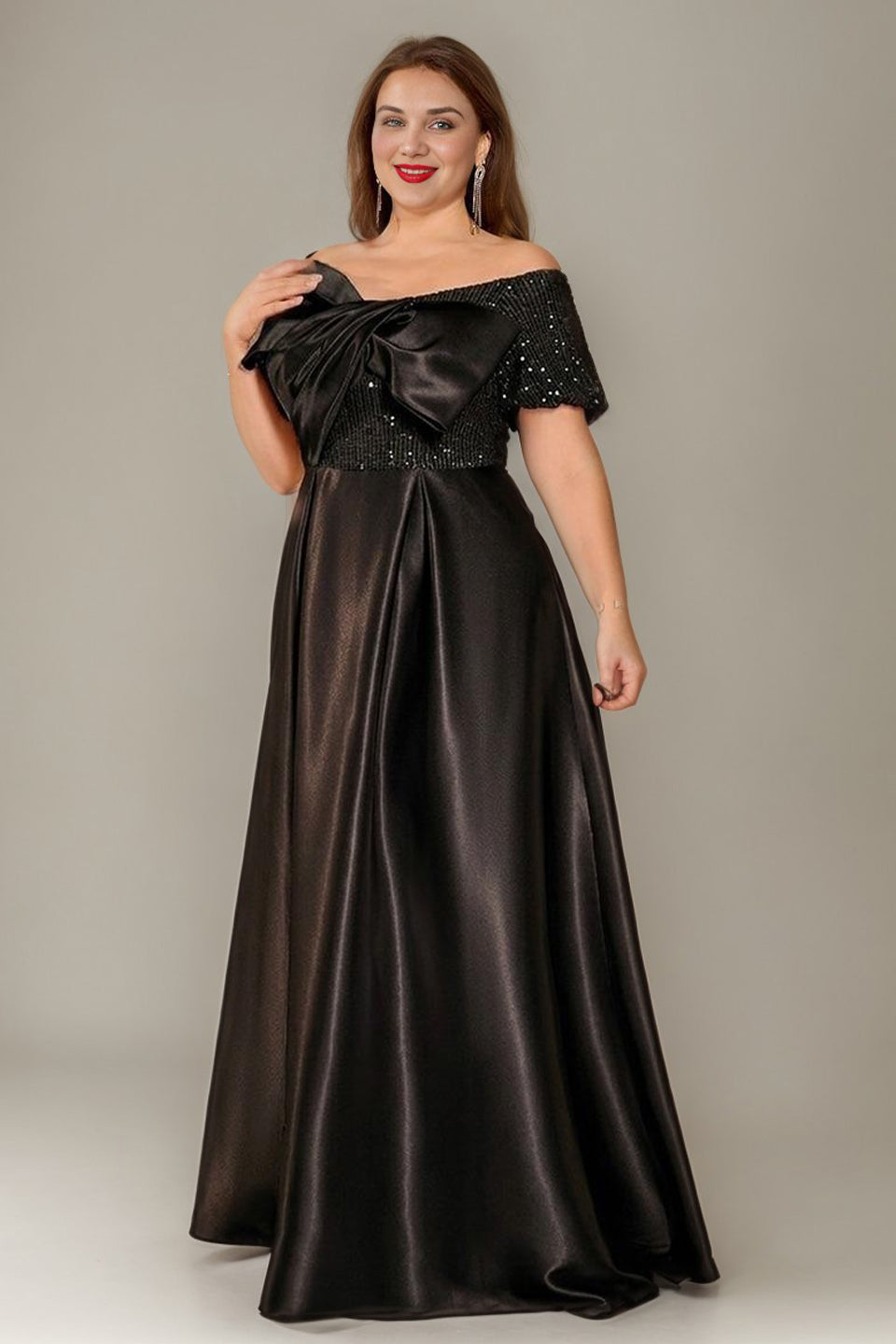 Curveins Plus Size Off Shoulder Bow Tie Front Waist Defining Long Dress Chic Maxi Dress