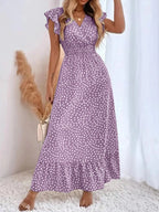 Women's Spring Summer Fashion Casual Floral V Neck Ruffle Waist Slim Bohemian Boho Style Dress, Long Cap Sleeve Fitted Wrap Dress for Vacation
