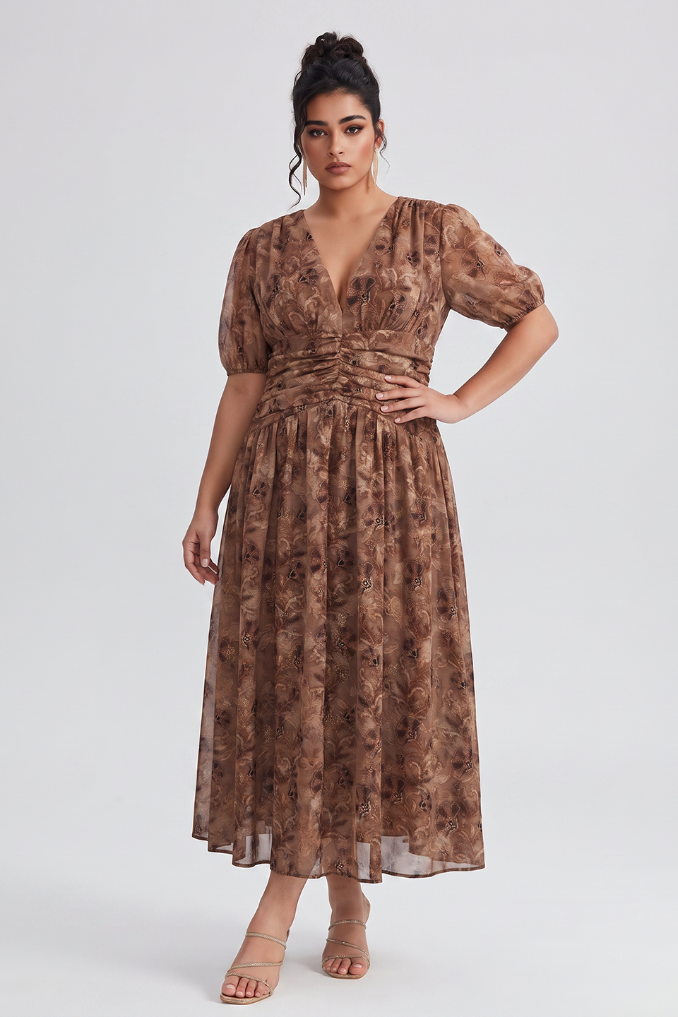 Curveins Plus Size V Neck Short Sleeve Floral Ruched Waist Flowy Elegant Maxi Dress