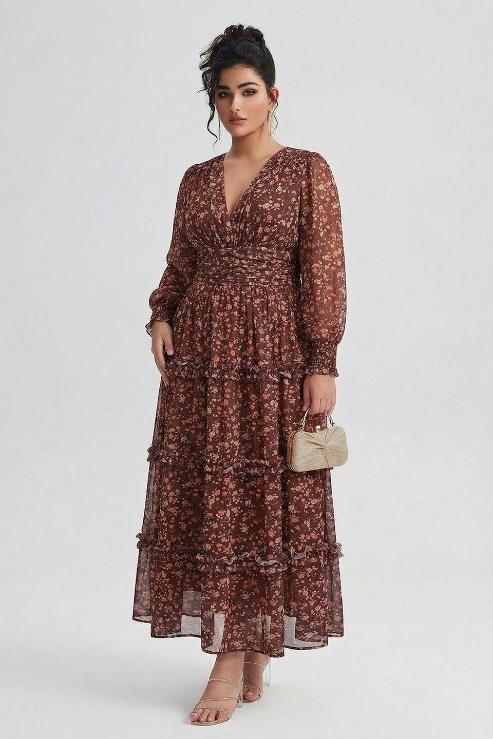Curveins Plus Size V Neck Long Sleeve Floral Tiered Maxi Dress